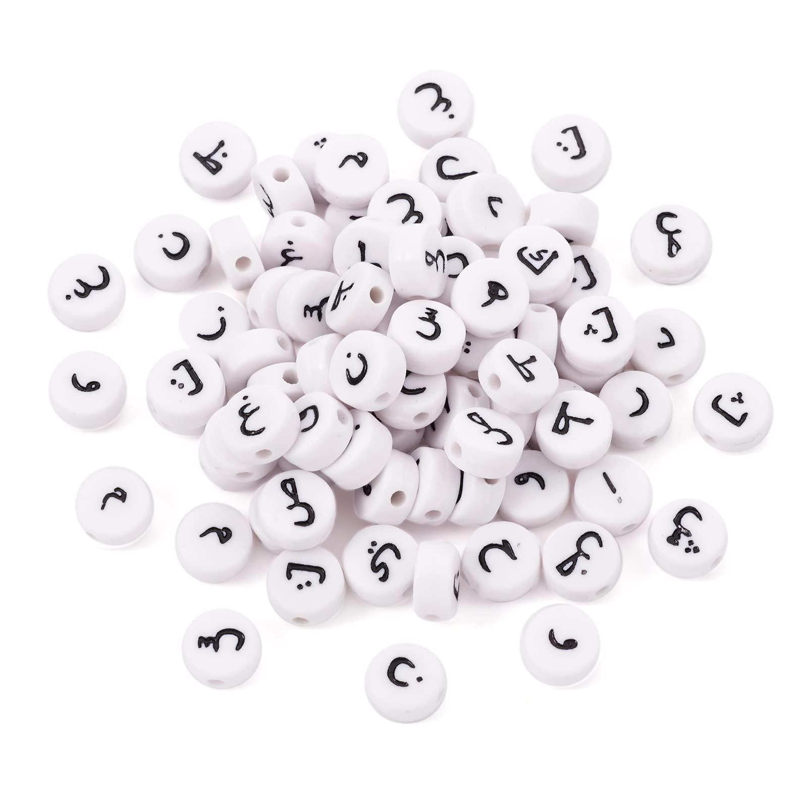 PandaHall 200pcs Acrylic Arabic Alphabet Beads White 7mm Flat Round Acrylic Spacer Loose Beads for Jewelry Beading Making Art Craft Weaving DIY Bracelets, Random Mixed Letters