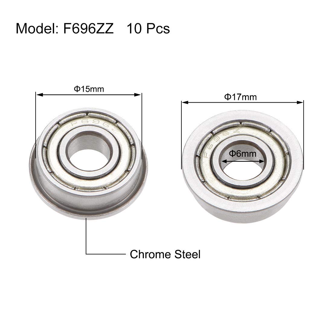 sourcing map F696ZZ Flanged Ball Bearing 6mmx15mmx5mm Double Shielded Chrome Steel Deep Groove Bearings 10pcs - Image 3