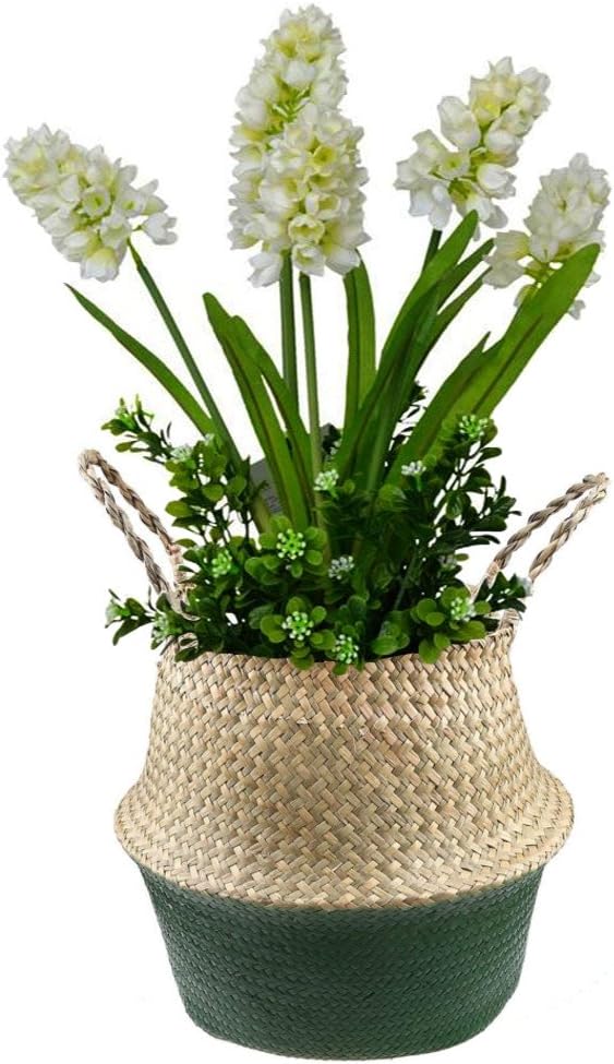 WCIC Seagrass Storage Basket, Natural Weaving Foldable Storage Organization Container Laundry Basket Hanging Planter Pot Flower Vase Hemp with Rope Large Size 24cmX28cm