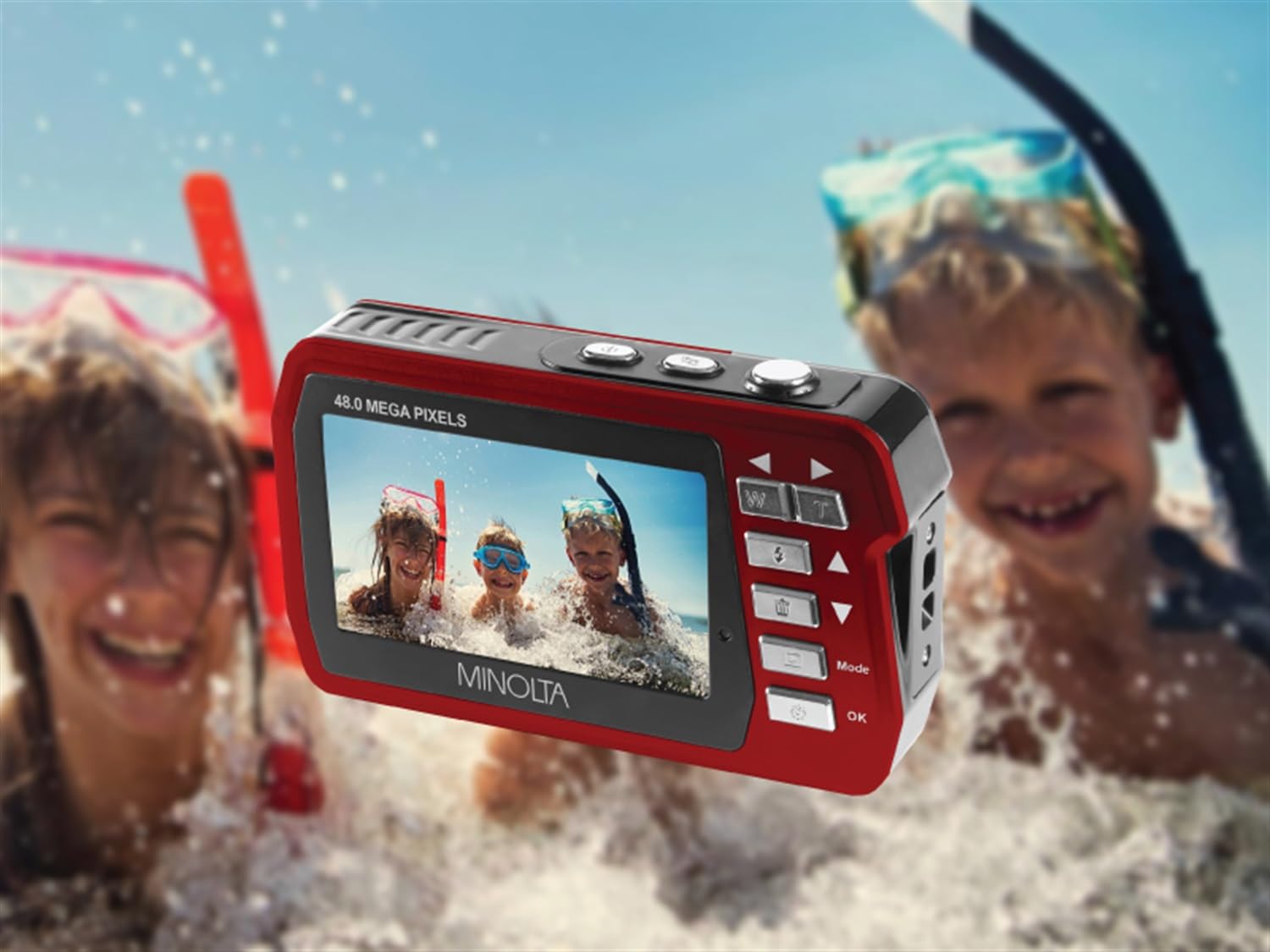 Minolta MN40WP 48MP Waterproof Digital Camera – Dual LCD Screens, 2.7K QHD Video, 16x Digital Zoom, Anti-Shake, Face Detection, 10ft Waterproof (Red)