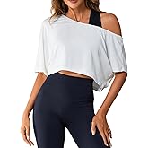 SOLY HUX Women's Off The Shoulder Tee Yoga Workout Crop Top Half Sleeve Asymmetrical Neck Activewear T Shirt