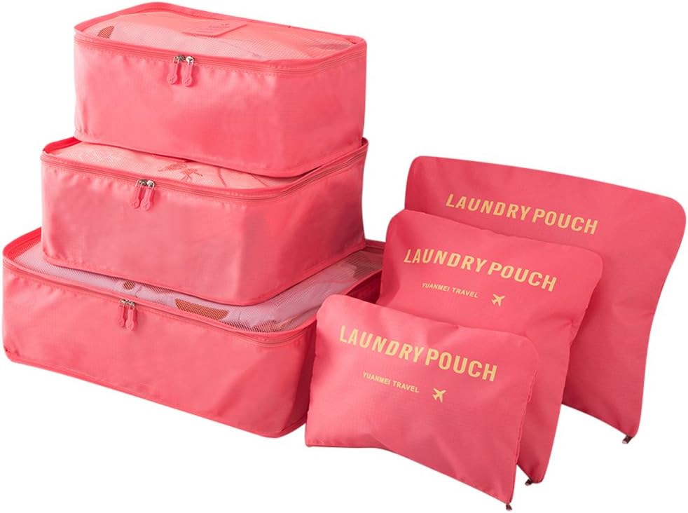 Pack of 6 Waterproof Packing Pouch Cubes-Compression Travel Luggage Organizer-Clothe Storage Bag-Travel Pouch -Laundry Bag (Watermelon red)