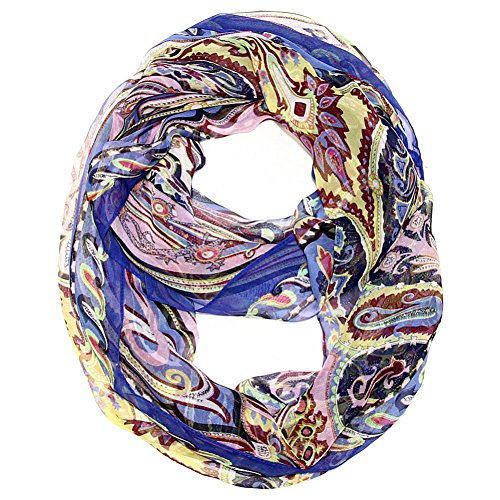 Silk Feel Infinity Scarf - Paisley Print - Blue, Yellow, Lilac