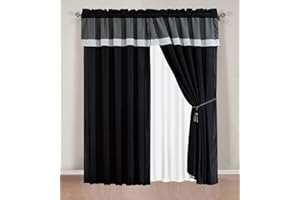 GRAND LINEN 4 Piece Black/Dark Grey/White Color Block Emma Curtain Set with Attached Valance and Sheers 120 inch Wide X 84" Tall with Attached Valance