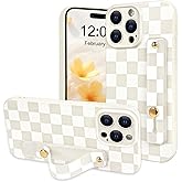 NITITOP Compatible with iPhone 14 Pro Max Case with Wrist Strap Kickstand Cute Trendy Checkerboard Plaid for Women Girls Slim Fit TPU Silicone Shockproof Full Camera Protective Cover - White