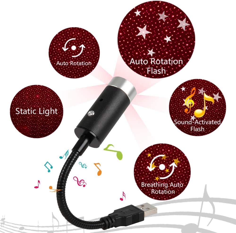 Usb Star Light, Sound Activated Strobe With 360-Degree Rotating, Smilee Car Ceiling Interior Light, Romantic Usb Night Light Decorations For Ceiling, Bedroom, Party And More, Plug And Play (Red)