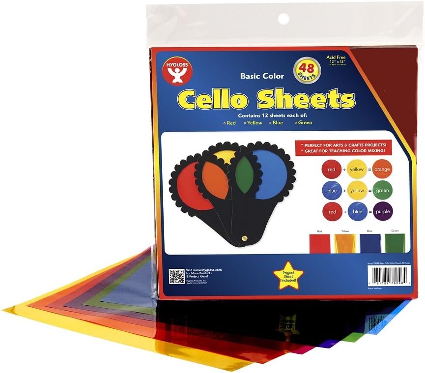 Hygloss Products Cellophane Sheets - 48 Cello Sheets - Great for Arts, Crafts, DIY Projects, Baskets, Wrapping Gifts, Classroom Activities, Holidays & Much More - 12 by 12 Inches, Assorted Colors: Arts, Crafts & Sewing
