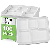 Go-Green 100% Compostable 5 Compartment Plates,Eco-Friendly Disposable Bagasse Tray,10 inch Heavy Duty School Lunch Tray,100 Pack