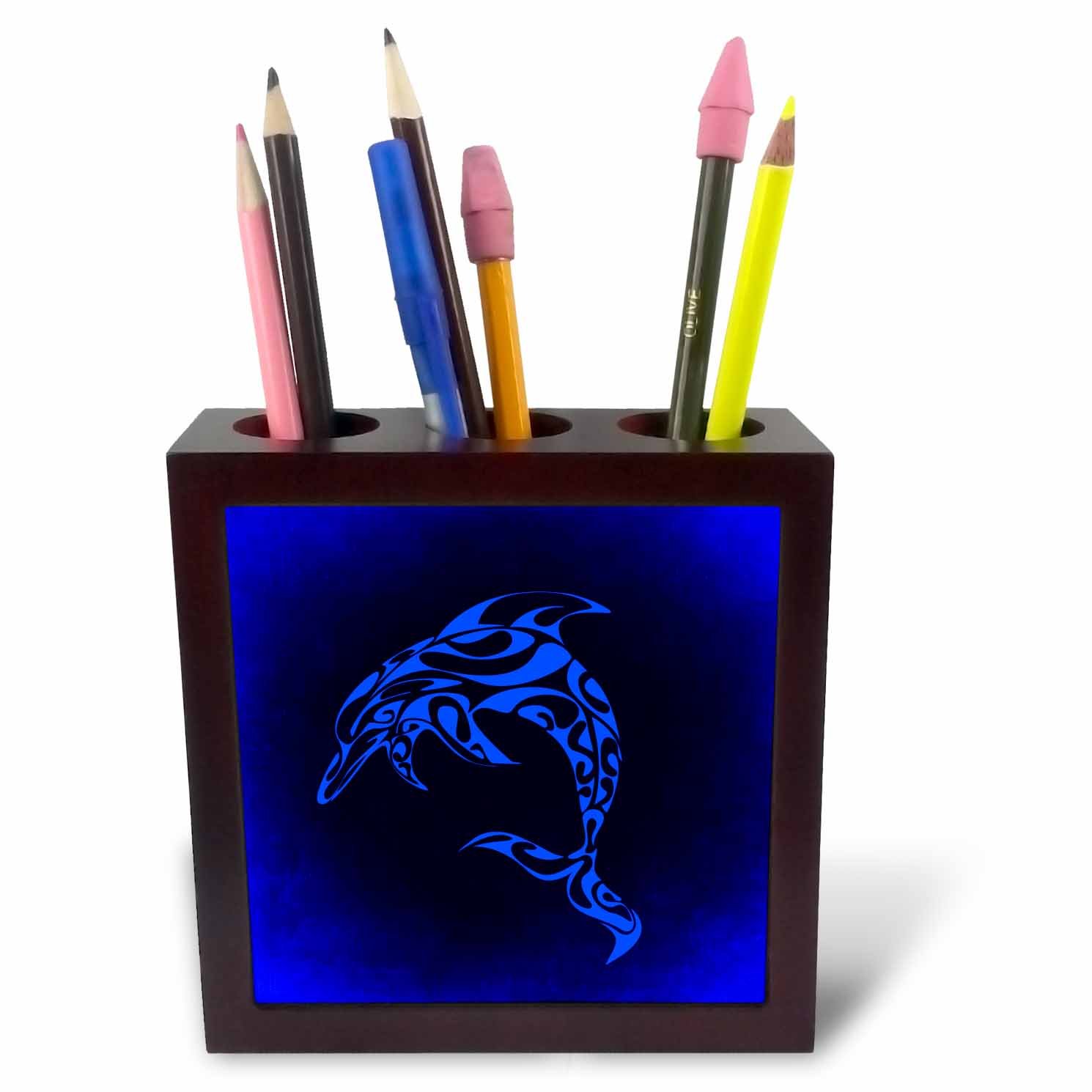 3dRose ph_236843_1 5-Inch Art of Dolphin Style Tile Pen Holder - Blue