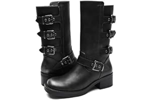 GLOBALWIN Women's Motorcycle Boots Fall Fashion Mid Calf Boots For Women Square Toe Low Heel