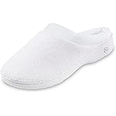 isotoner womens Terry and Satin Slip on Cushioned Slipper With Memory Foam for Indoor/Outdoor Comfort