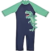 LIZENS Boys Rash Guard Shirts One Piece Swimwear Green Dinosaur Short Sleeve UPF50+ Sun Protection Swimsuit