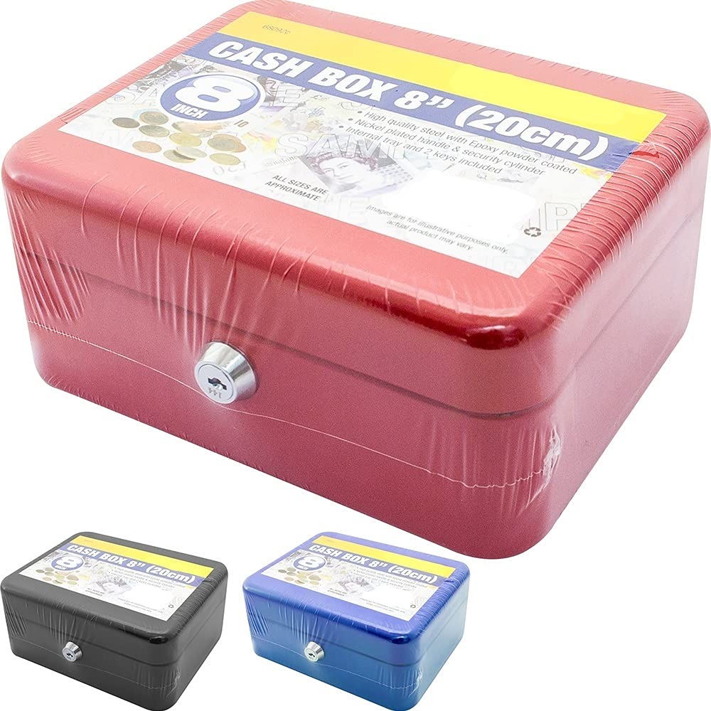 Homespired® Heavy Duty Steel Tin Cash Box Money Box - Locking Petty Cash Safe with Removable Coin Tray - Portable Cash Storage Box - Ideal for market Stalls, Stands, Home etc (8" (20cm))
