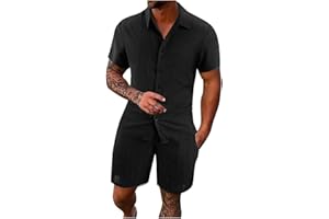 GENERIC Mens Summer 2 Piece Outfits for Vacation Beach Hawaiian Short Sleeve Button Down Cotton Linen Cuban Shirts Shorts Set