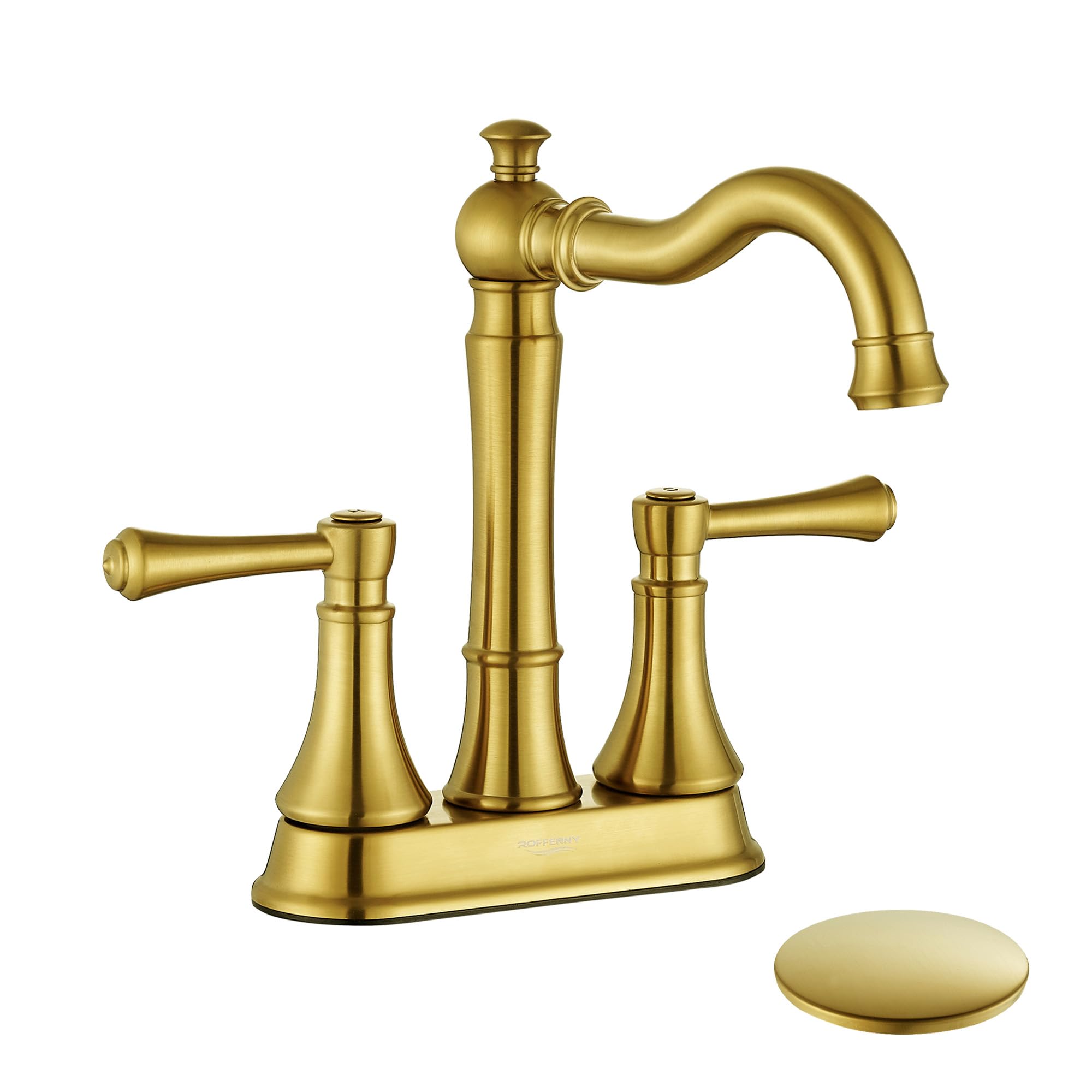 Photo 1 of Brushed Gold Bathroom Faucets for 3-Hole with Pop-Up Drain, Classical Two Handle 4 inch Centerset Bathroom Sink Faucet, 4-in Lavatory Vanity Sink Faucet with Brass 360° Swivel Spout