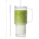SoulTimes 26oz Ribbed & Floral Glass Tumbler with Handle, Reusable Iced Coffee Tumbler with Lid & Straw for Hot & Cold Drinks – Perfect for Coffee, Smoothies, Matcha, Whiskey (Set of 1)