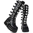 Gothniero High Platform Knee Boots Chunky Heel Wedge Black Boots For Women Combat Goth Punk Motorcycle Booties Zip up With Metal Buckles Size5-11