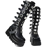 Gothniero High Platform Knee Boots Chunky Heel Wedge Black Boots For Women Combat Goth Punk Motorcycle Booties Zip up With Metal Buckles Size5-11