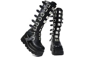 Gothniero High Platform Knee Boots Chunky Heel Wedge Black Boots For Women Combat Goth Punk Motorcycle Booties Zip up With Metal Buckles Size5-11