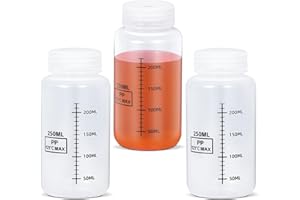 UMETASS 8oz Wide Mouth Plastic Bottles with Airtight Lids, Graduated Food Grade Leak Proof PP Containers Jars for Water Sample Lab Reagent Liquid Medicine Storage (Transparent, 3 Pack)