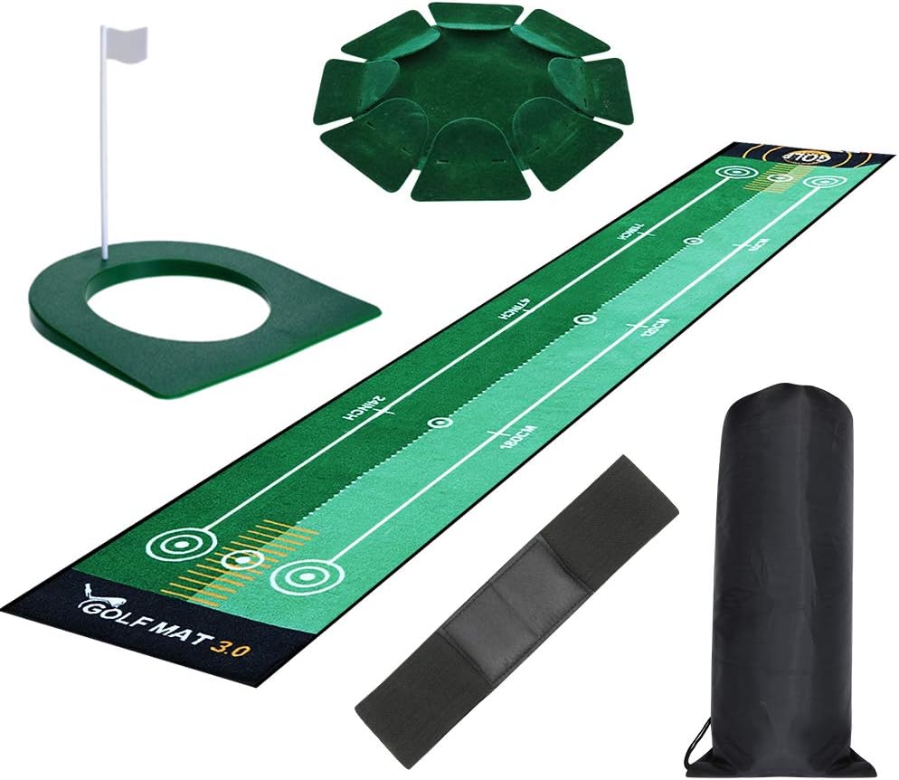 Tresbro Putting Green Indoor, Golf Putting Mats with Plastic Golf Putting Cup and All-Direction Putter Cup and Training Aid Arm Band, Bidirectional Golf Practice Mats for Indoor Outdoor Office Yard