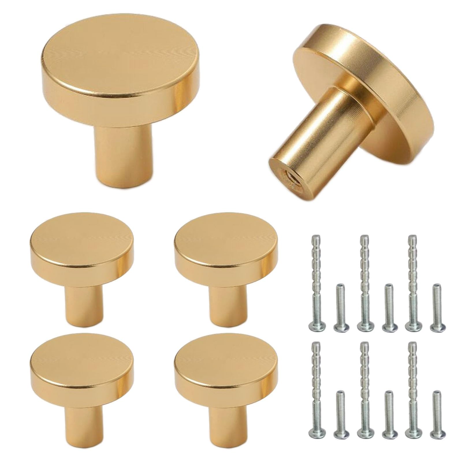 Beilala Cabinet Knobs Gold Modern, 6 Pack Round Brushed Brass Kitchen Cupboard Handles, Furniture Door Hardware Pulls for Chest of Drawers Dresser Wardrobe Closet, 25x20mm