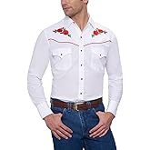 ELY CATTLEMAN Men's Long Sleeve Western Shirt with Rose Embroidery, White w/Red Rose, M
