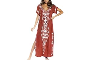 LCZIWO Women's Boho Maxi Dress Floral Print V Neck Short Sleeve Side Split Casual Loose Spring Summer Long Dresses