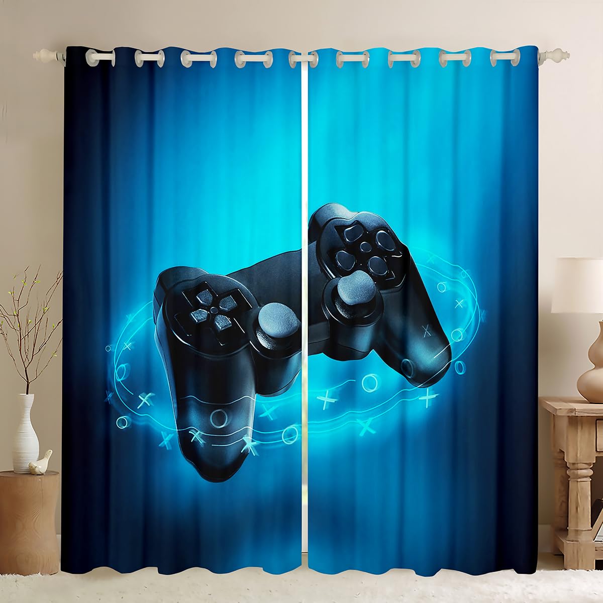 Loussiesd Boys Gaming Curtain Teens Gamer Window Drapes Black Blue Video Game Window Treatments for Kids Children Room Modern Game Controller Window Curtains W46*L54