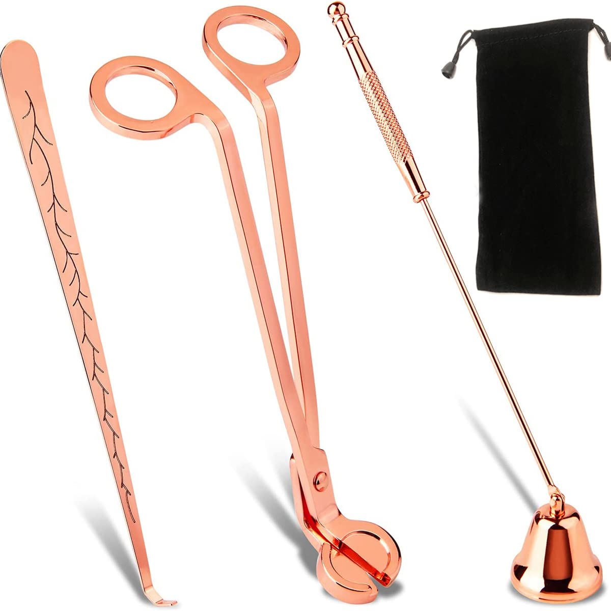 QeeHeng 3PCS Candle Accessory Set,Candle Wick Trimmer Candle Stopper,Candle Accessory Cutter, Candle Care kit -Candle Stainless Pack for Home Wedding and Party (Rose Gold)