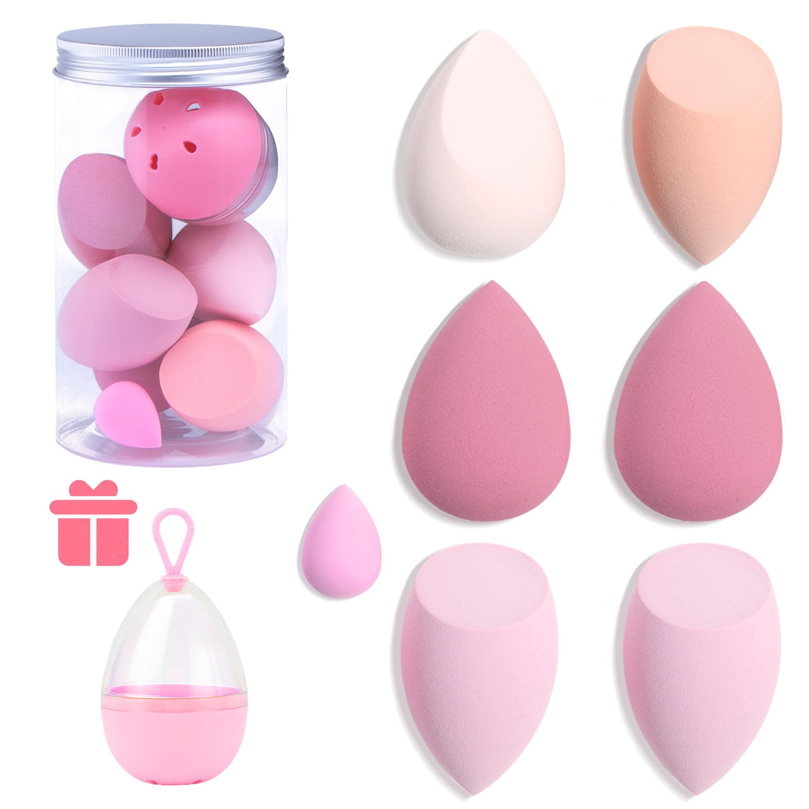 7 Pcs Makeup Blender Sponge Set - Soft Beauty Sponge Blender with a Bottle and Egg Case Holer for Blending Foundation, Cream and Powder (Pink+Hard Case-Can Packing)
