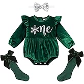 IBTOM CASTLE Baby Girl First Birthday Outfit Fall Winter Velvet Romper Bodysuit Bow Headband Socks Christmas for Cake Smash