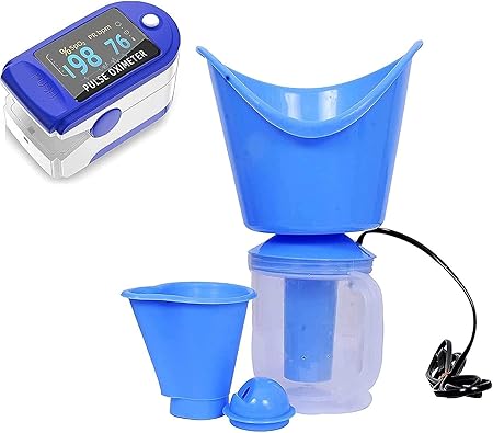 Combo of 3 in 1 STEAM Vaporizer & Pulse Oximeter Fingertip, Blood Oxygen Saturation Monitor Fingertip, Blood Oxygen Meter Finger Oximeter Finger with Pulse [Blue]