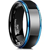 King Will 8mm Black Silver Mens Polished Tungsten Wedding Rings High Polish Surface Wedding Band Blue Silver Step Edge Comfort Fit