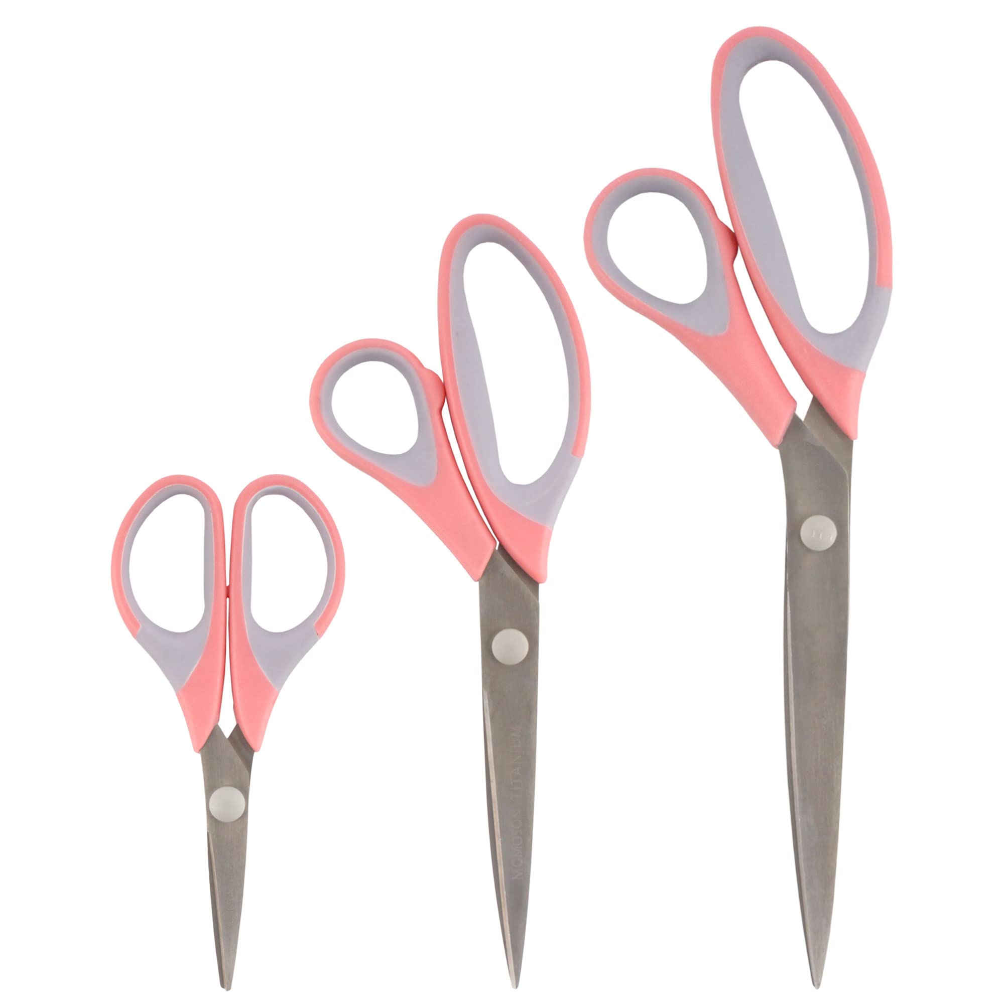 BambooMN Titanium Softgrip Scissors Set for Sewing Arts Crafts Office - Jubilee Yarn - 1 Set of 3 - Pink