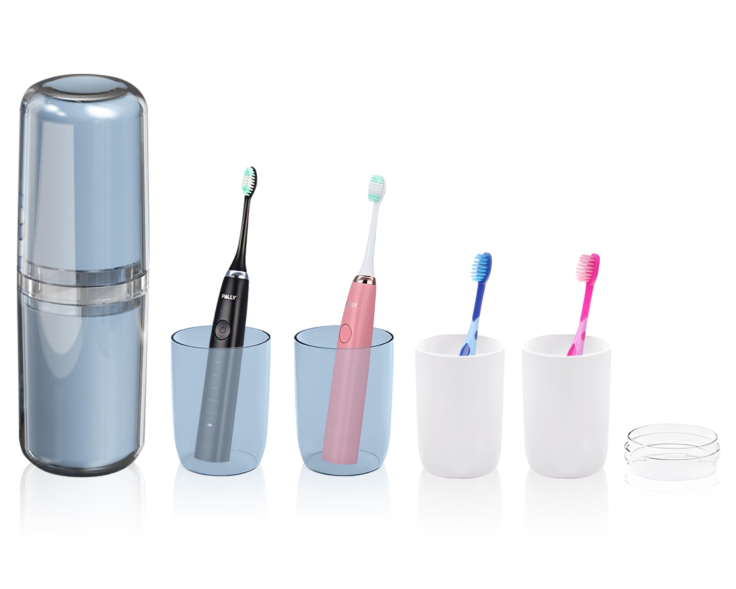 Toothbrush Organiser Travel Case 4-in-1 Blue Portable Toothbrush Storage Box Set Dustproof Toothbrush Plastic Cups Toothbrush Holder for Family Suitable for Business Trip Camping Hiking Home