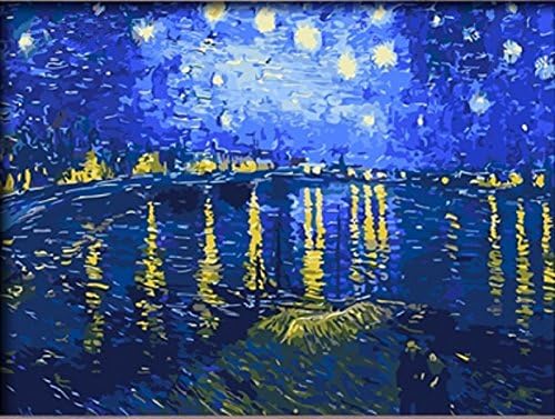 PaintingStudio Starry night over the rhone by vincent van gogh DIY oil Painting by number kit art picture print on canvas 16x20 inch (Framed)