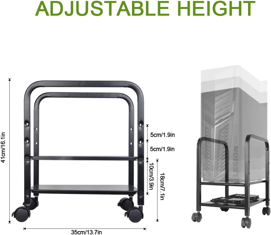 Computer Tower Stand, Desktop ATX-Case CPU Holder, Adjustable 2-Tier CPU Rolling Stand Mobile Steel Desktop Tower Case Stand Cart with Locking Wheels for Office Home, Black: Office Products