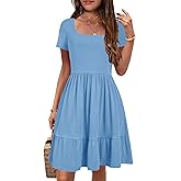 YOVION Girls Summer Dress Square Neck Short Sleeve Casual Loose Ruffle Tiered Dresses with Pockets for 6-12 Y