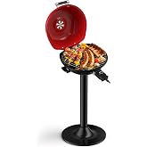Giantex Electric Grill Outdoor Indoor | Non-Stick Grate, Removable Stand, Adjustable Heat, Oil Drip Tray, for Small Spaces Patio Bakyard Condo Apartment Balcony, Red