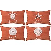 Coastal Beach Throw Pillow Covers 12 x 20 Inch Set of 4 Seaturtle Starfish Shell Sand Dollar Summer Beach House Decor Ocean Theme Decorative Rectangular Cushion Covers for Couch Sofa