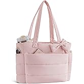 Puffer Tote Bag for Women, Quilted Bow Tote Bag with Cup Holder & 15.6 In Laptop Compartment for Work, Travel, Gym, College