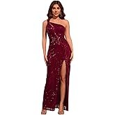 Women Elegant Evening Gowns, One Shoulder Sequin Formal Dresses, Red Slit Dress for Prom Weading