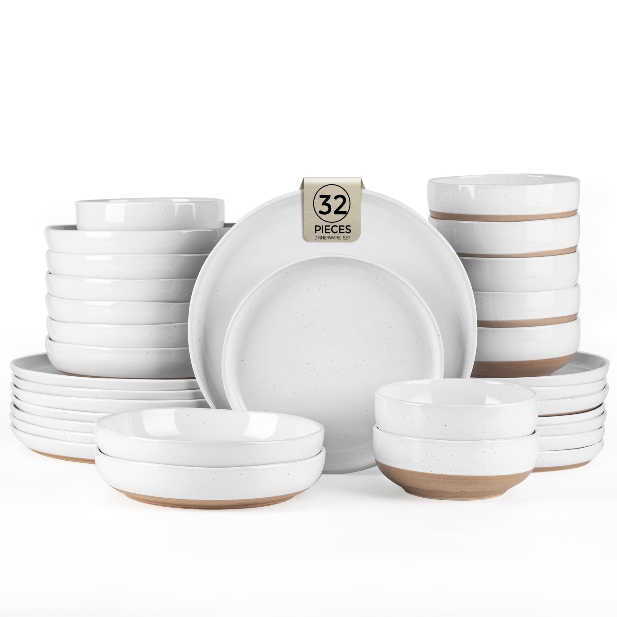 AmorArc Ceramic Dinnerware Sets with Pasta Bowls for 8, Handpainted Plates and Bowls Set with Rustic Terracotta Underside, Scratch Resistant Dishes Set, Dishwasher & Microwave Safe, 32 Pcs Image