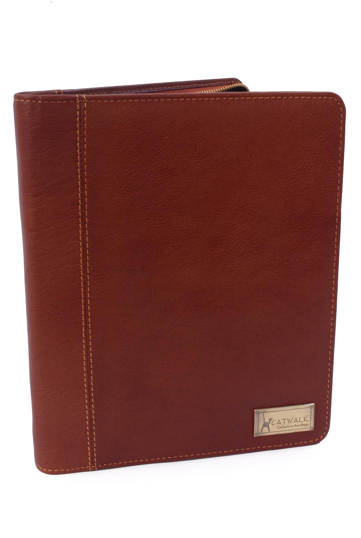 Catwalk Collection Handbags - Women's Leather A5 Conference Folder - Zip Travel Document Holder - Fits Tablet and Business Cards - Angela - Tan