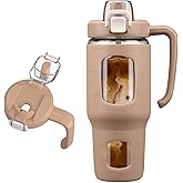 NOLOGLAZIC 32oz Glass Tumbler with Straw Handle and 2-IN-1 Sip & Spout Lid, Reusable Iced Coffee Cup for Smoothie, Matcha, Leakproof Glass Water Bottle with Straw and Silicone Sleeve, BPA Free-Amber