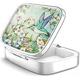WATASSA Oriental Style Pill Box with Mirror - Elegant Hummingbird & Floral Pattern Medicine Organizer, 2 Compartment Portable Travel Pill Case for Vitamins & Jewelry, Mint Green Art Design