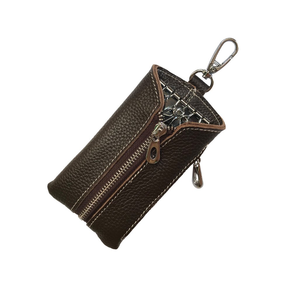 Key Case Holder 7 Hooks, Double Layer Leather Key Bag Portable Zipper Keychain Case with Money Coin Pocket in Side Suitable for Home Car Bike Key Money Wallet Coin (Brown)