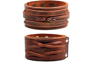 NIGHTCRUZ Punk Leather Cuff Bracelet, 2PCS Vintage Leather Wristband for Men Women