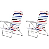 SUNNYFEEL Portable Beach Chair, Folding Low Back Beach Chair, Lightweight Camp Chair with Reclining Position, Backpack Lounger for Beach, Camping, Lawn, Outdoor, Red Blue White Striped, 2 Pack